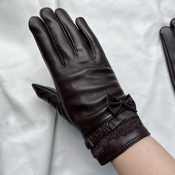 現貨+預購 真皮手套保暖手套-深棕羊皮蝴蝶結絨裡女手套74by33【獨家進口】【米蘭精品】