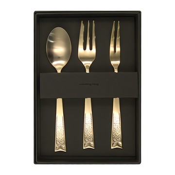 貓頭鷹三件式禮盒 日製貓頭鷹雕花不鏽鋼餐具  二齒叉 + 三齒叉 + 甜點匙  金色  1組