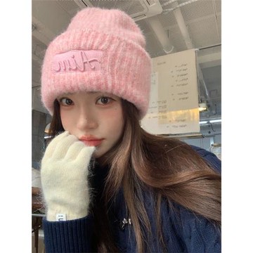 2025新款大頭圍毛線帽女秋冬顯臉小字母針織帽粉色保暖帽子冷帽男