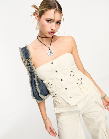 COLLUSION festival buckle detail corset top co-ord in cream-White