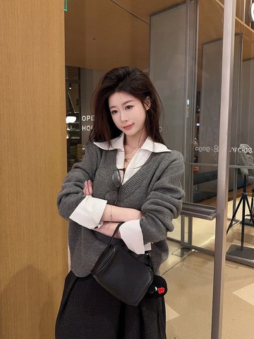 【missy shop】協奏曲拼接襯衫假兩件針織毛衣-94504