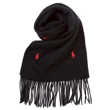POLO Ralph Lauren滿版刺繡小馬雙側流蘇羊毛圍巾(黑色)780940｜GoBrand購名牌