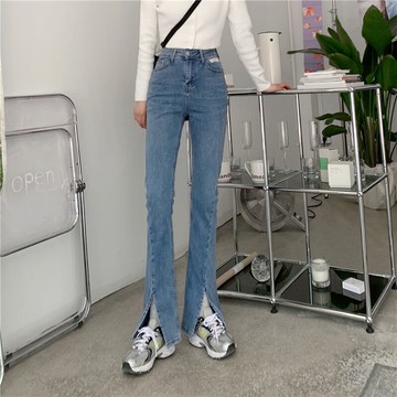 藍色高腰彈力微喇前開叉牛仔褲女寬松顯瘦垂墜感拖地分叉喇叭褲子