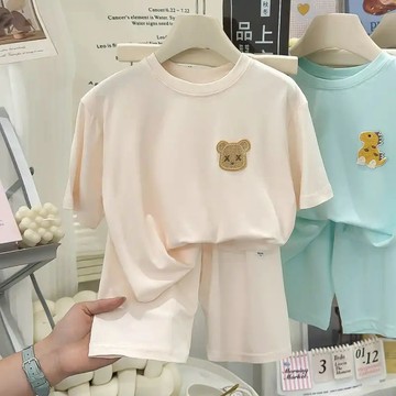 软糯舒服~兒童夏季家居服男童女童薄款套裝家居服空調七分袖兩件套 卡通睡衣 兒童睡衣 短袖家居服可外穿 夏天兒童睡衣