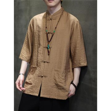 中國風冰絲男裝五分袖襯衫夏季禪意居士禪服中式盤扣短袖唐裝漢服