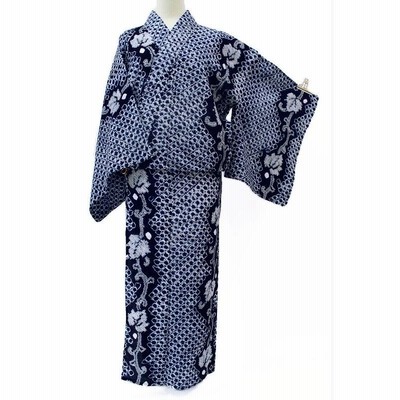 【浴衣】有松鳴海絞り アンティーク　糸菊模様　美品 綿 紺 レトロ 古典 藍染 浴衣】有松鳴海絞り アンティーク 糸菊模様 美品 綿 紺 レトロ