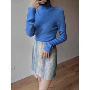 左方露秋內搭鳶尾藍羊毛薄針織衫套頭修身百搭打底衫高領上衣疊穿