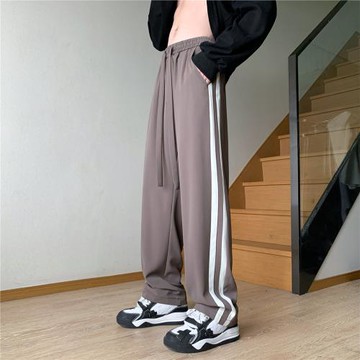 褲子男夏季薄款冰絲褲垂感寬松闊腿褲條紋運動褲直筒拖地休閑長褲