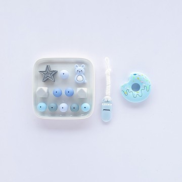 DIY 藍色甜甜圈固齒器+奶嘴鏈+星星+兔子 (需自行串珠)