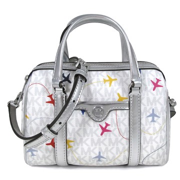 MICHAEL KORS TRAVEL 銀字小圓標LOGO飛機印花白色防刮波士頓兩用包(小款)