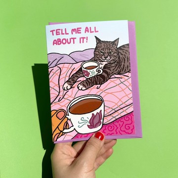 Tell Me All About It Gossip Cat Tea Card 祝福卡
