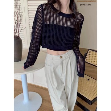 【Fee隔日到貨8色】針織洞洞短版上衣🔥透膚上衣 洞洞 短版 女上衣 圓領 遮陽罩衫 長袖 現貨 韓系 韓系 秋冬