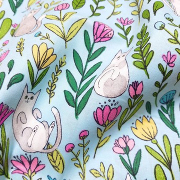 貓咪與花朵長裙 薄荷綠 / 100% 純棉 / 美國棉 日本製造 均碼