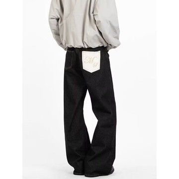 潮牌黑色直筒牛仔褲男簡約寬鬆休閒褲子美式高街vibe風垂墜感褲