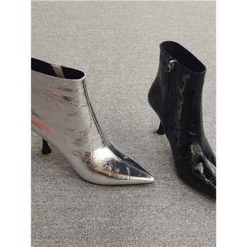 歐洲站女鞋2025年季新款歐貨側拉鏈漆皮細跟尖頭高跟時尚短靴加絨