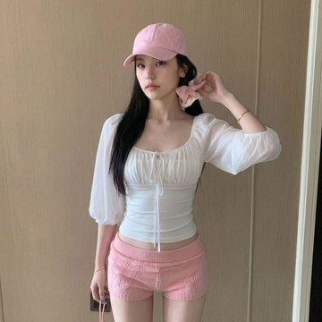 臺灣出貨 免運氣質高級感網紗燈籠袖T恤女2026夏新款修身顯瘦法式五分袖上衣潮0911