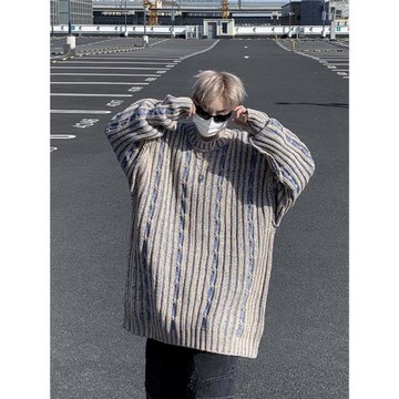 冬季復古拼色豎條紋圓領針織衫男女韓系高級感寬松情侶加厚毛衣bf