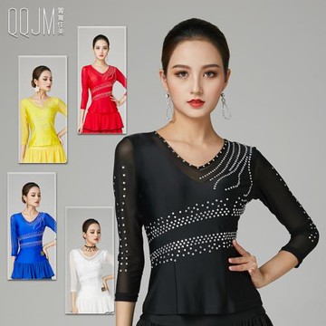 摩登舞冰絲上衣2024新款拉丁舞華爾茲時尚進口奧鉆V領彈力舞衣