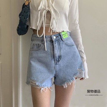 破洞牛仔短褲女夏季高腰a字褲寬鬆顯瘦闊腿褲子毛邊熱褲【聚物優品】