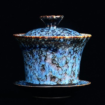 窯變功夫茶具家用手抓泡茶碗茶道單個陶瓷茶杯沙金天目釉三才蓋碗