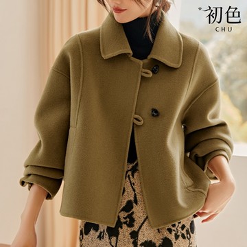 初色 簡約素色復古寬鬆翻領不規則鈕扣長袖短款大衣毛呢外套-駝色-32028(M-2XL可選)