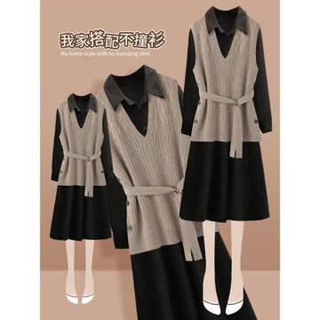 2025春秋款新款女襯衫連衣裙高級感赫本長袖時尚針織毛衣兩件套裝