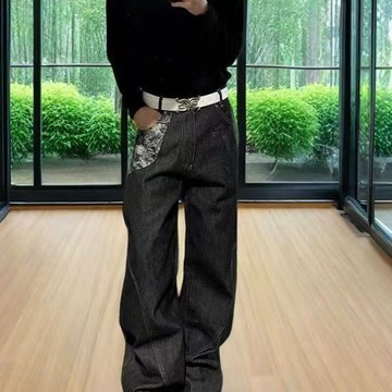 牛仔褲 嘻哈 美式 美式牛仔褲男垂感闊腿寬鬆高街潮牌設計感紐扣拼接解構痞帥工裝褲 男生牛仔褲 水洗 牛仔 直筒 闊腿 寬