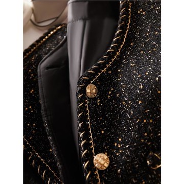 財閥千金 重磅澳洲進口羊毛面料 chic黑金流星珠片小香風外套女