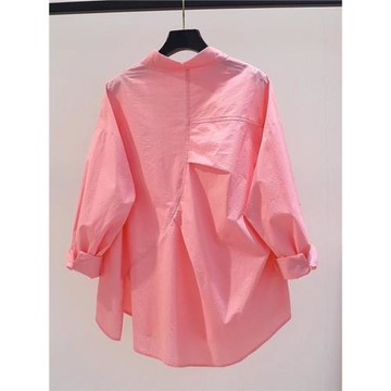 東大門粉色不規則襯衫女春秋歐貨背后不對稱褶皺口袋休閑長袖襯衣