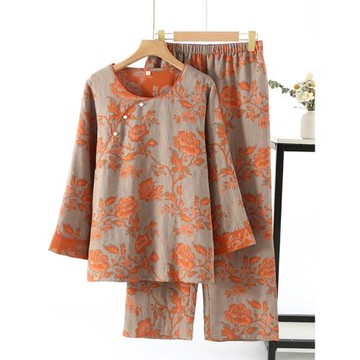 新中式國風春夏純棉色織紗布睡衣女九分斜襟提花中長款家居服套裝