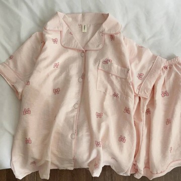 超舒服☁️甜美高級感蝴蝶結可愛睡衣 少女夏季網紅ins風開衫家居服套裝 短袖短褲睡衣 兩件套居家服