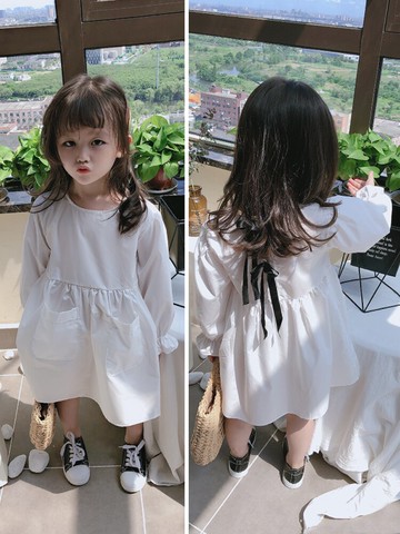 春秋季新款 女童可愛甜美純色連衣裙 兒童小清新長袖裙子1入