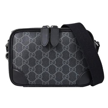GUCCI 821217 GG Emblem 塗層Monogram印花雙層拉鍊斜背包.黑灰