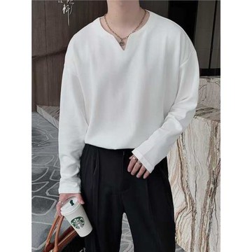 高級感V領長袖t恤男韓版寬松chic秋裝打底衫設計感白色內搭上衣服