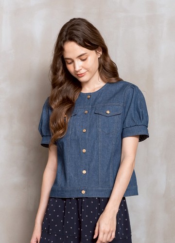 微甜率感公主袖仿牛仔上衣