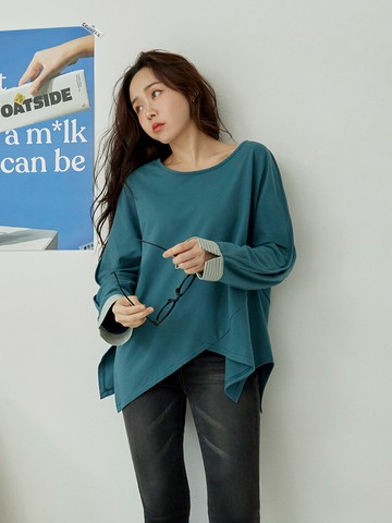 純棉不規則下襬袖拼接長袖上衣