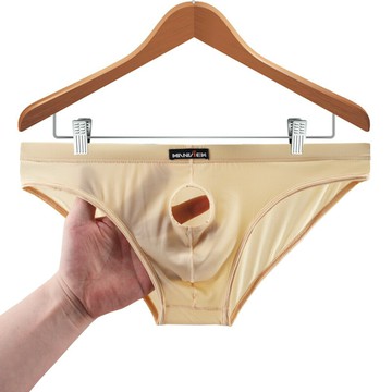 冰絲男士內褲男 三角褲槍蛋分離U凸低腰性感開洞襠半透明褲頭超薄