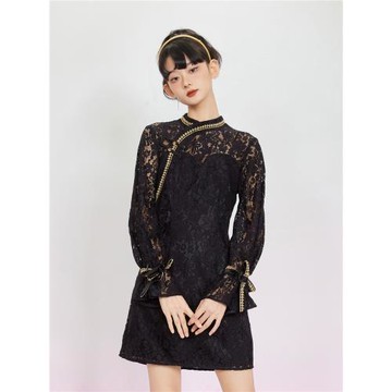 【明星同款】槿爺金盞琉璃中式黑色蕾絲高級感改良旗袍連衣裙新款