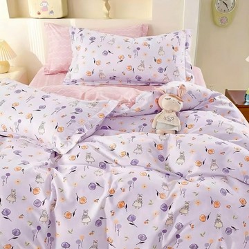 A-ONE 台灣製 雪紡棉 床包 單人 (105 x 186cm) 1入 + 枕套 (45 x 75cm)  夏日小兔 粉紫色
