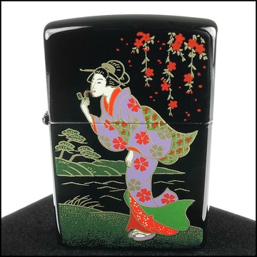 【ZIPPO】日系~本金蒔繪-江戶時代之風中女郎-傳統工藝加工打火機