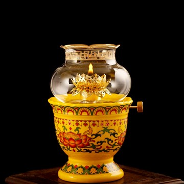 家用佛堂供佛菩薩長明燈酥油燈陶瓷彩繪蓮花防風液體油燈耐用安全