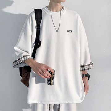 七分袖t恤男夏季設計感格子翻邊上衣港風寬松半袖體恤華夫格短袖