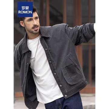 羅蒙拼接工裝外套男春秋季寬松潮牌美式復古夾克男生2024秋款上衣
