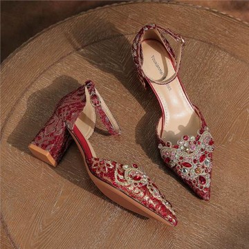 粗跟水鉆一字帶搭扣綢緞婚鞋婚禮宴會禮服高跟鞋女鞋6666F-007