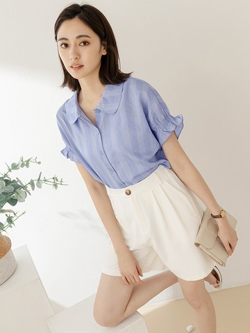 微寬版娃娃領開襟拋袖條紋上衣