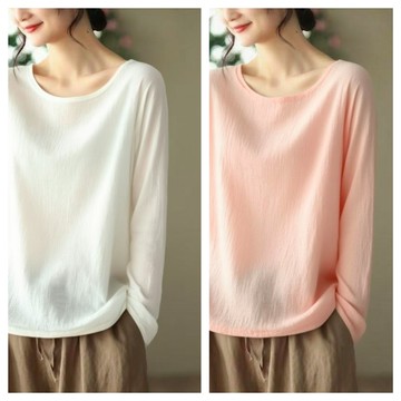 AKARA 無印風單色亞麻速乾長袖上衣(6色選綿麻透氣舒適 /中大尺碼)