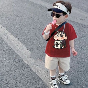 兒童上衣 夏季套裝2025夏季男童休閒T恤可愛兒童帥氣寶寶短袖蠟筆小新男童夏季短袖