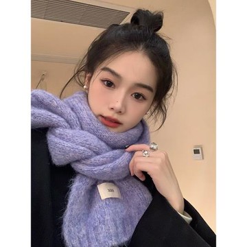 西本紫色含羊毛圍巾冬季女高級感顯白針織毛線圍脖女學生保暖韓版