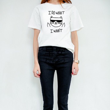 I WANT CAT 任性貓 男女短袖T恤 白色 動物 禮物 聖誕 情人 趣味