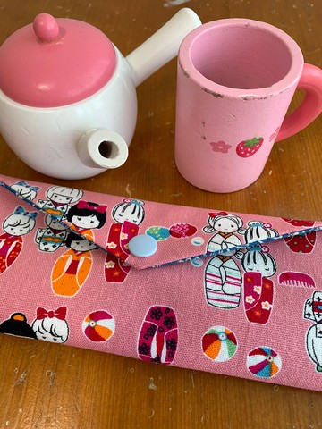 文青風環保筷袋 日本娃娃 粉 手作餐具袋.交換禮物.